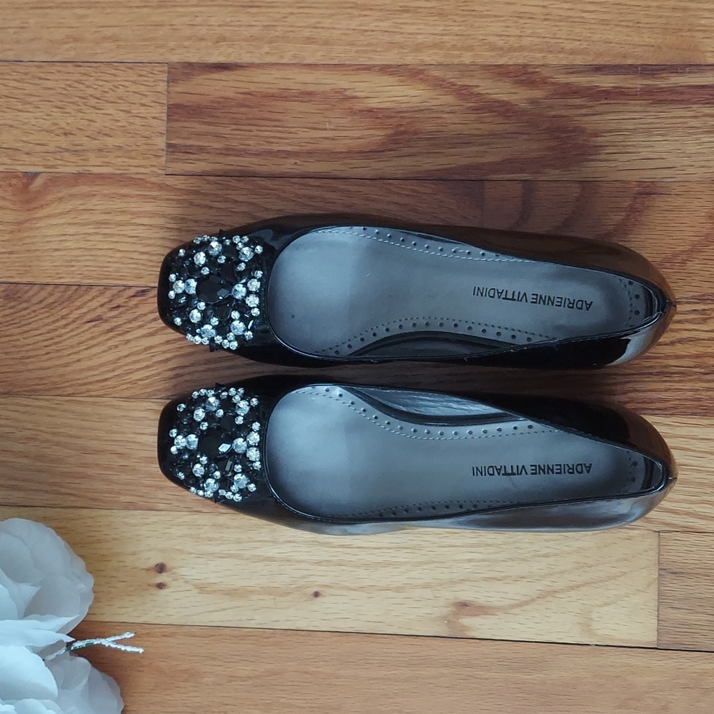 Adrienne Vittadini Palm Beach Black Patent Wedges w/ Rhinestone Details Size 6 - Picture 7 of 16
